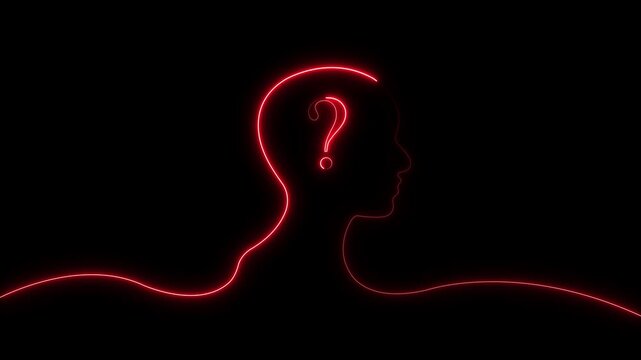 Red Neon Glowing Human Head Profile with Question Mark Animation Loop