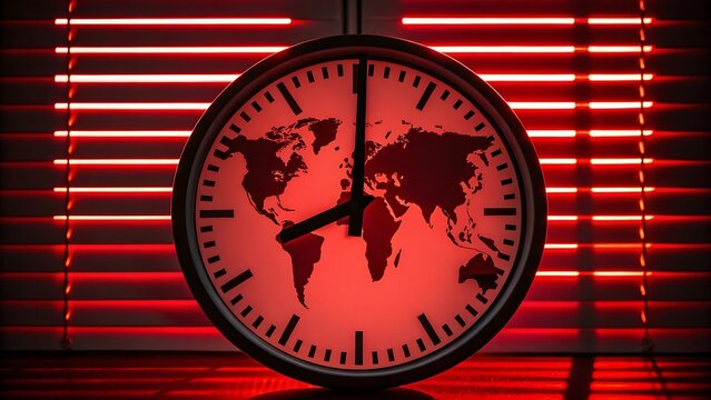 Close up of a doomsday clock set to midnight with a world map background and glowing red light in the dark