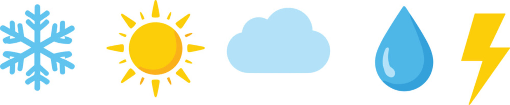 Weather forecast vector icon set featuring simple cartoon snowflake sun cloud water drop and lightning symbols isolated on white background