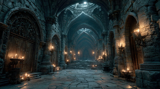 Design AI engines for first-person dungeon explorations creating interactive corridors traps and lighting effects dynamically for VR games cinematic experiences or immersive storytelling