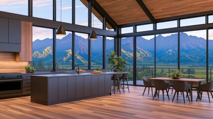Fototapeta premium Modern kitchen with large windows showcasing mountain views, wooden floors, and minimalistic design