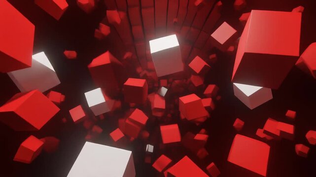 Abstract red and white 3D cubes floating in dark space tunnel