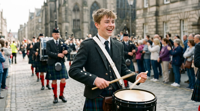 Smiling kilted Scottish teenagers play drums during a fringe festival parade on the streets of Edinburgh. 