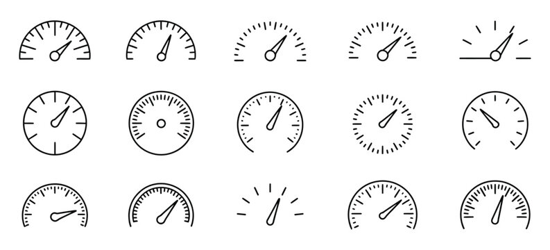 Speedometer gauge icon set, showing dashboard meters, tachometer indicators, editable stroke lines, speed scale, performance meter, automotive interface, and modern vector illustration.