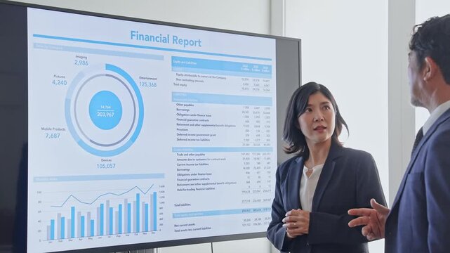 画面を見ながら会話するビジネスパーソンのグループ。プレゼン、経営、会議、相談、チームワーク、商談