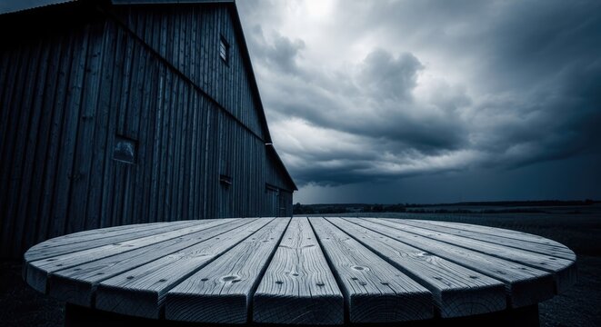 Rustic wooden table in front of a barn on a stormy day