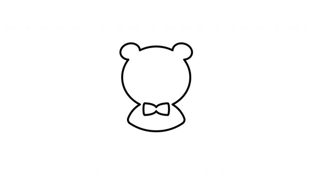 Minimalist outline animation of teddy bear plush toy icon drawing on and fading out. Includes 3 color variations: black on white, white on black, and white on green screen.