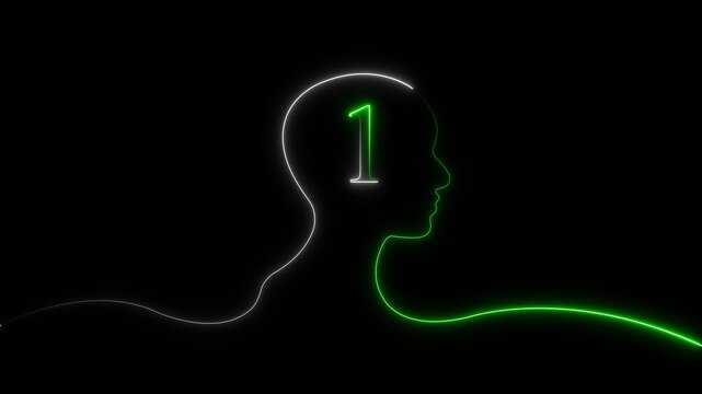 Green and  White Neon Line Art Human Profile with Number 1, AI and Psychology Concept. Futuristic Human Silhouette with Neon Number 2 on Black Background 4k stock video. 