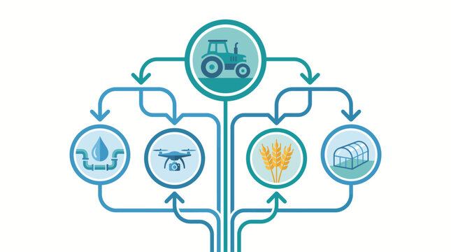 Agricultural workflow chart illustrates the integration of tractor operations with precision irrigation, drone monitoring, and sustainable crop production.