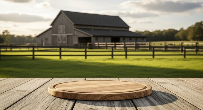 Wooden cutting board on rustic table with barn background