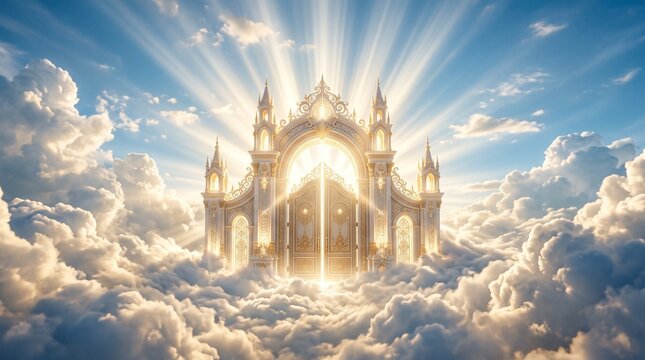 Golden gates of heaven opening in clouds with divine light rays, Concept of spirituality, faith, paradise, and eternal life made by AI generative