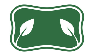 Fototapeta premium Rounded rectangle badge with organic leaf motifs on sides in forest green and white colors natural product label concept