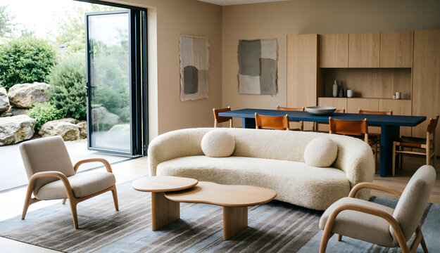 Modern Scandinavian interior design living room with blue dining table, minimalist furniture, cream boucle sofa, and bright natural morning light