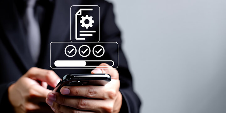 Digital document processing and status progress tracking interface shown on mobile phone held by business person in office workplace.