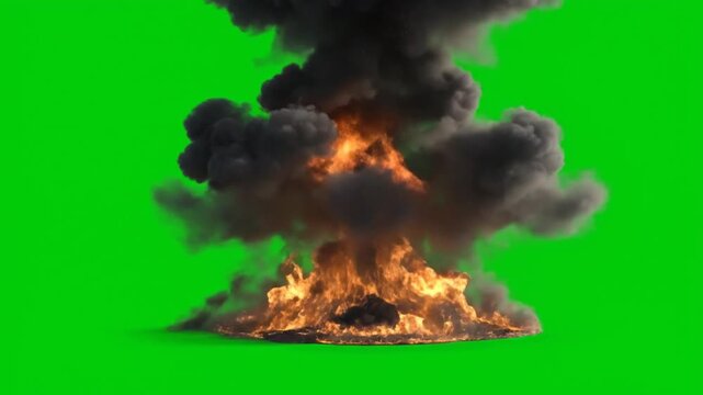 Fire explosion isolated on green screen background.