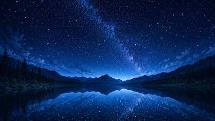 Fototapeta premium Milky Way Reflected on a Tranquil Mountain Lake Under a Starry Night Sky