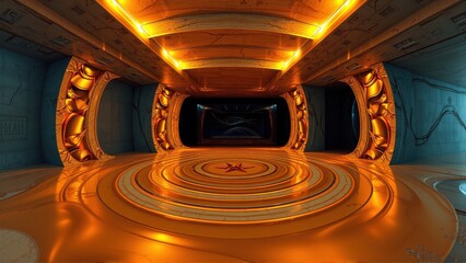 Fototapeta premium Futuristic corridor glows with orange light. Circular floor pattern leads toward distant portal. Walls feature ornate archways, dark shadows.