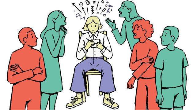 Illustration of a stressed teenager overwhelmed by peer pressure and cyberbullying surrounded by whispering people