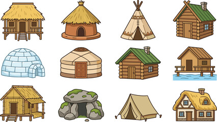 Traditional Houses and Primitive Dwellings Around the World Vector Set for Educational Materials, Kids School History Textbooks, Geography Infographics, and Game Assets © Sultana