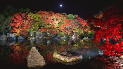 Autumn leaves and waterfall of Japanese garden at night, Kokoen garden (Koko-en), Kobe city, Hyogo, Japan. © YUSHENG HSU