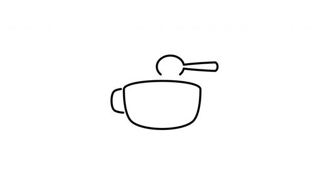 Minimalist outline animation of baby food bowl with spoon icon drawing on and fading out. Includes 3 color variations: black on white, white on black, and white on green screen.