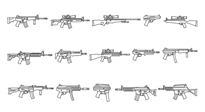 Set of firearm icons including various models of assault rifles sniper guns and submachine guns in outline style.