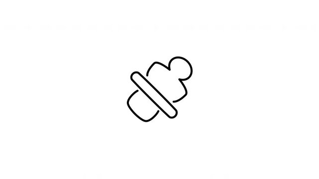Minimalist outline animation of baby pacifier dummy binky icon drawing on and fading out. Includes 3 color variations: black on white, white on black, and white on green screen.