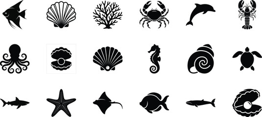 Marine ocean icon set with fish crab octopus dolphin shark shells and coral elements, blue silhouette vector collection isolated on transparent background © Rina