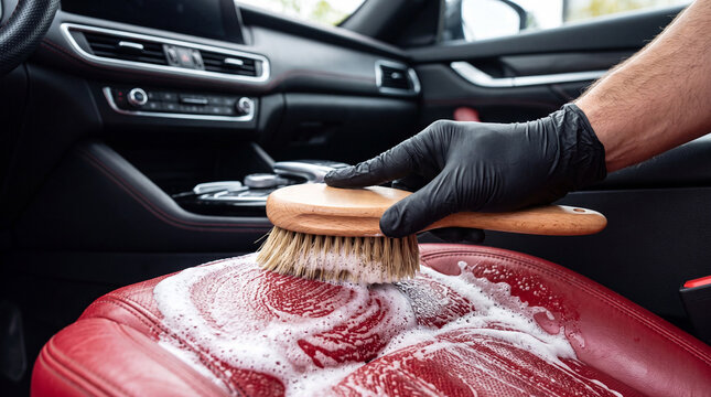 Close up of a detailer in black protective glove scrubbing a red leather car seat with active chemical foam, professional vehicle interior cleaning service.