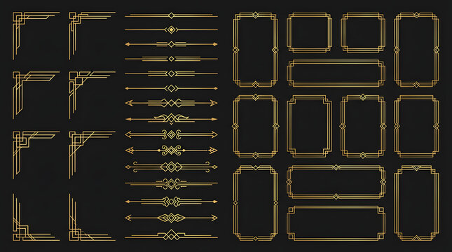 Vintage Geometric Ornament Collection: A comprehensive set of golden art deco inspired geometric ornament elements, including corner designs, dividers, and decorative frames.