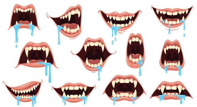 Set of scary monster and vampire mouths with fangs and blue saliva for halloween or horror themed decorations.