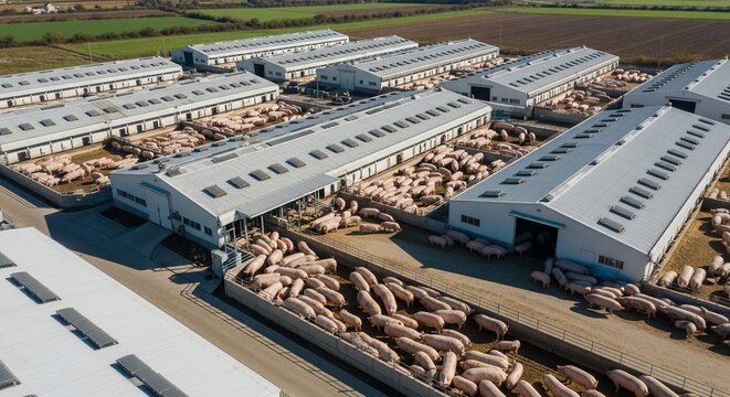 Extensive Porker Farm Complex Showing Numerous Pig Enclosures and Modern Barns from Aerial Perspective
