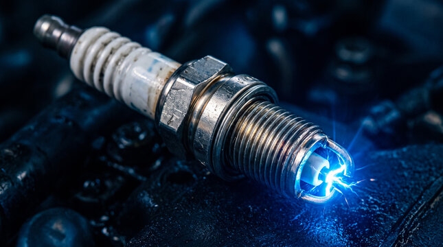 Close-up of spark plug firing with blue electric arc