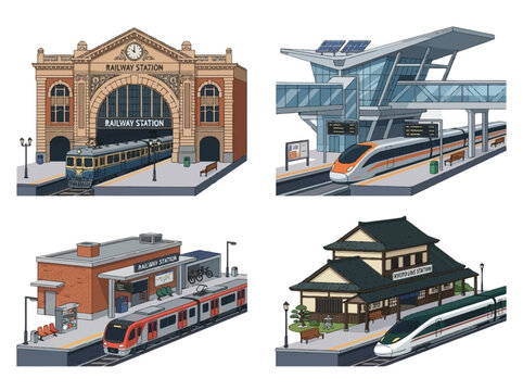 Railway station collection featuring diverse architectural styles including historical buildings modern glass terminals and traditional Japanese train station designs isolated