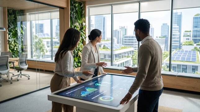 Diverse business team discussing data analytics on interactive digital table in modern eco friendly office with green wall and solar panels view through window corporate strategy