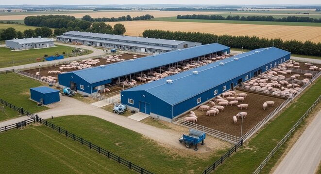 Modern Porker Campus with Livestock Hogs in Outdoor Enclosures and Blue Barns from Above