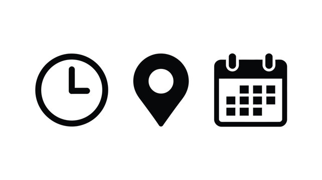 Time address and date icon set, featuring clock, map pin location, and calendar symbols, flat style, web interface, mobile applications, and clean vector design.