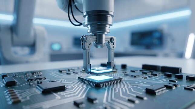 Robotic arm placing microprocessor chip on circuit board, high tech manufacturing, automated assembly line, artificial intelligence hardware production