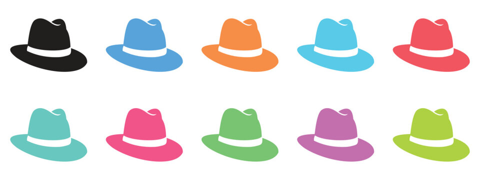 Fedora Hat Icon Set Vector Illustration, Stylish Headwear Symbols in Multiple Colors for Fashion and Apparel Design