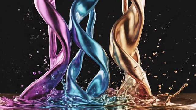Vibrant liquid streams splash into water creating dynamic colorful waves