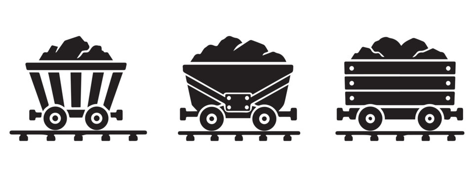 Mine Cart Icon Set Vector Illustration with Coal and Ore Loads, Mining Transport Wagon and Excavation Equipment Symbols