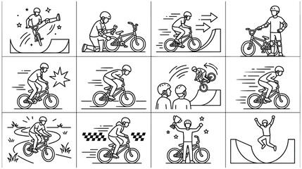 Obraz premium Bmx riding and cycling action set showing various extreme stunts and sport.