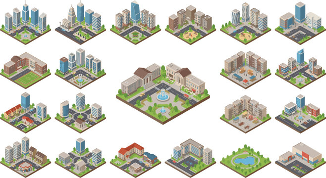 Isometric city buildings architecture map constructor set for urban street landscape planning infrastructure design element vector illustration