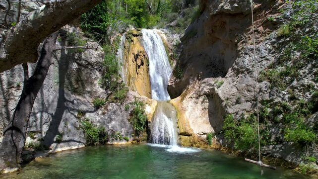 Waterfalls of Palia Kavala in Greece Countryside, River Flow Through Rocks into Lake in Natural Environment