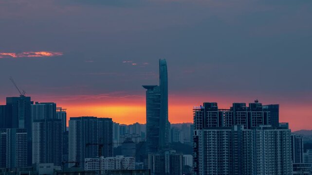 Telephoto view of Kuala Lumpur City in the evening sunset time lapse, Telekom TM in the background