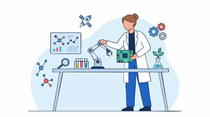 Female Scientist Works in Laboratory with Robotic Arm and Circuit Board © Arfa