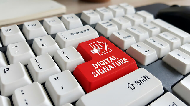 Digital Signature Keyboard Button &ndash; Electronic Signature, Secure Authentication and Digital Document Signing Concept