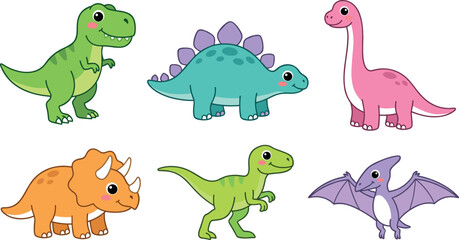Cute Cartoon Dinosaurs Clipart Asset Collection Vector Featuring Kawaii Tyrannosaurus Rex Stegosaurus Brachiosaurus Triceratops Velociraptor and Pterodactyl Mascots © MdAsad