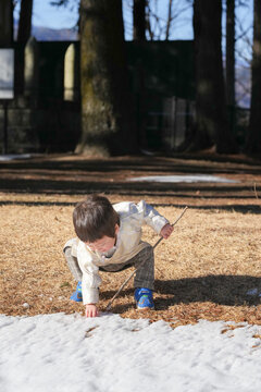 Young boy crouches, curious near melting snow. Blue boots and sweater contrast against dry leaves. Sunlight filters through tall trees behind him. He reaches for the ground, exploring winter's end