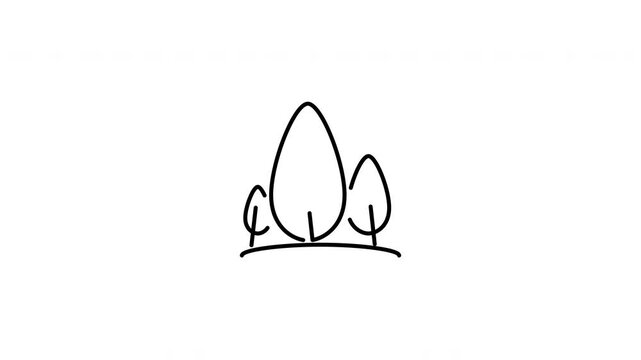 Minimalist outline animation of green public park trees landscape icon drawing on and fading out. Includes 3 color variations: black on white, white on black, and white on green screen.